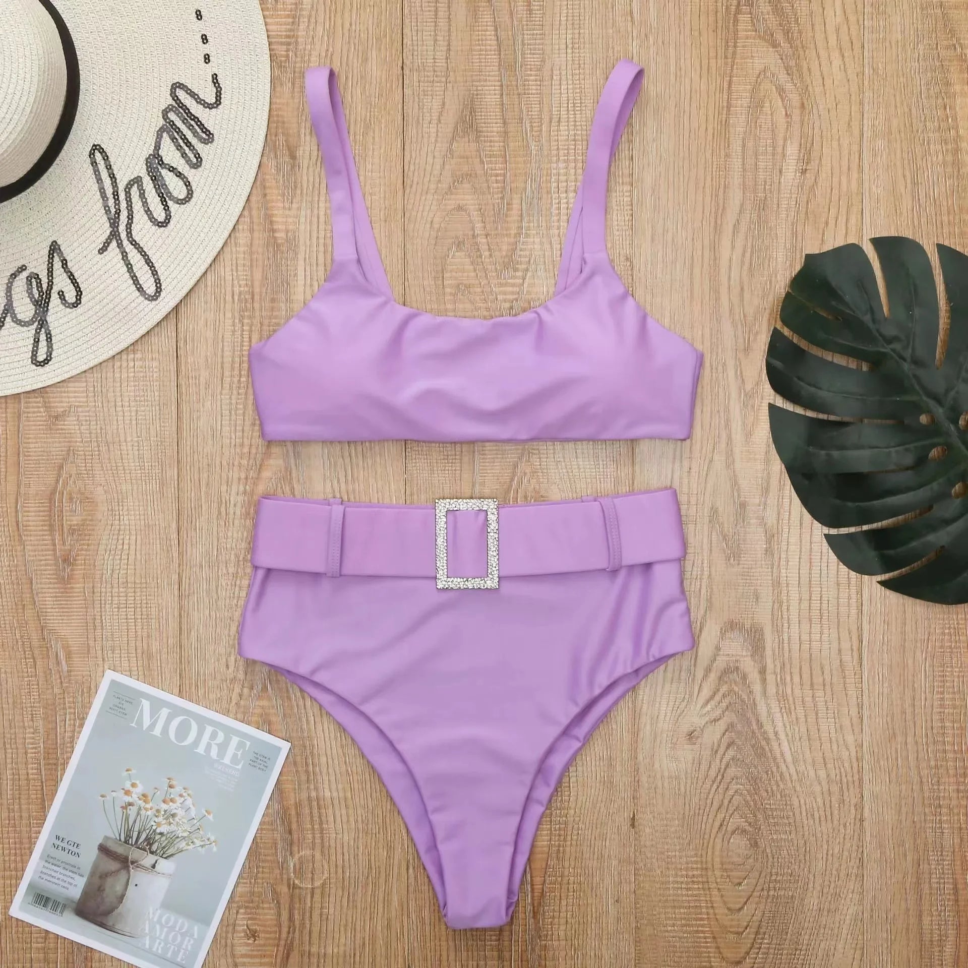 High - Waisted Bikini Set with Rhinestone Buckle - Lauraxelle - High - Waisted Bikini Set with Rhinestone Buckle - SUMMER CHIC