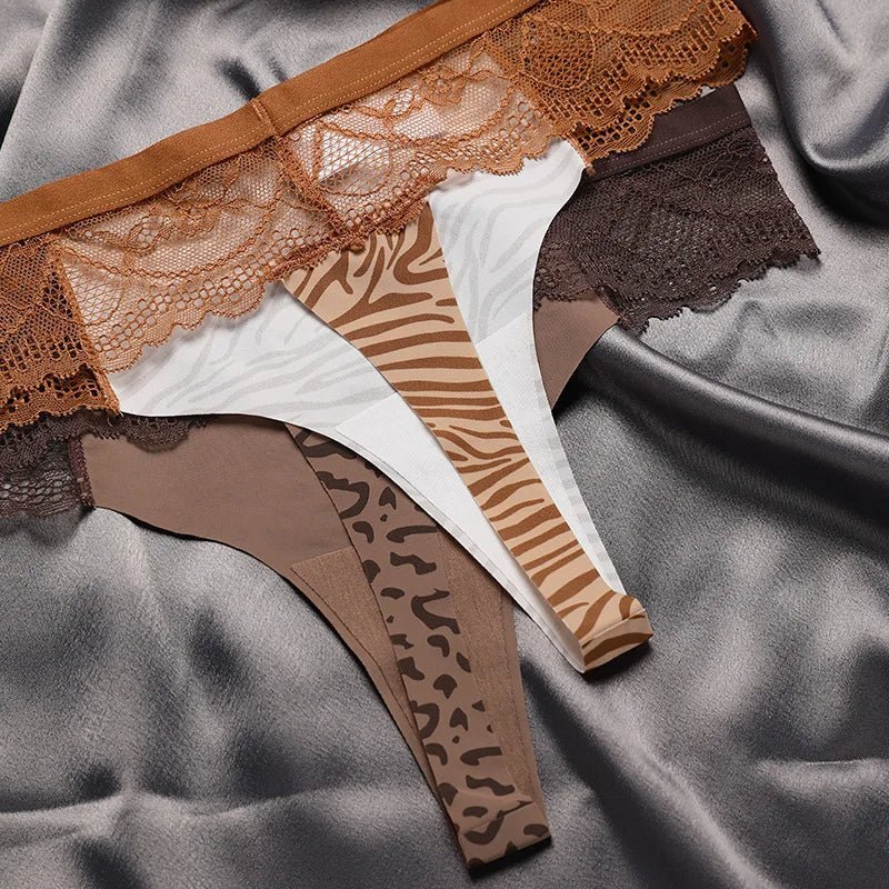 Lace Trim Animal Print Thongs - Lauraxelle - Lace Trim Animal Print Thongs - My Store - SAVANA