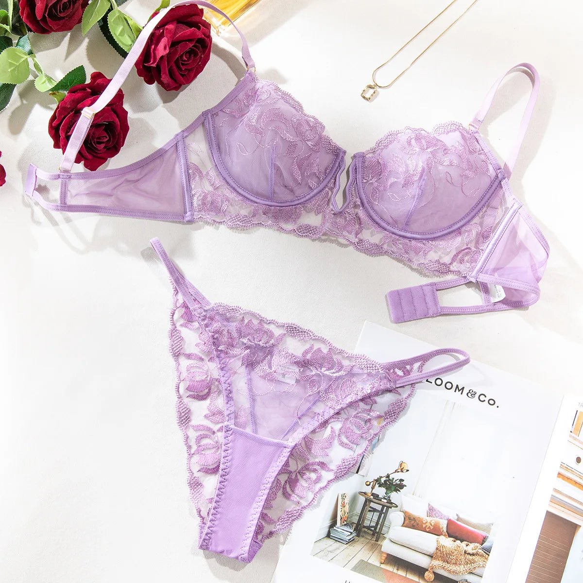 Lavender Lace Lingerie Set with Floral Embroidery and Underbust Bra - Lauraxelle - Lavender Lace Lingerie Set with Floral Embroidery and Underbust Bra - MYSTICAL ESSENCE