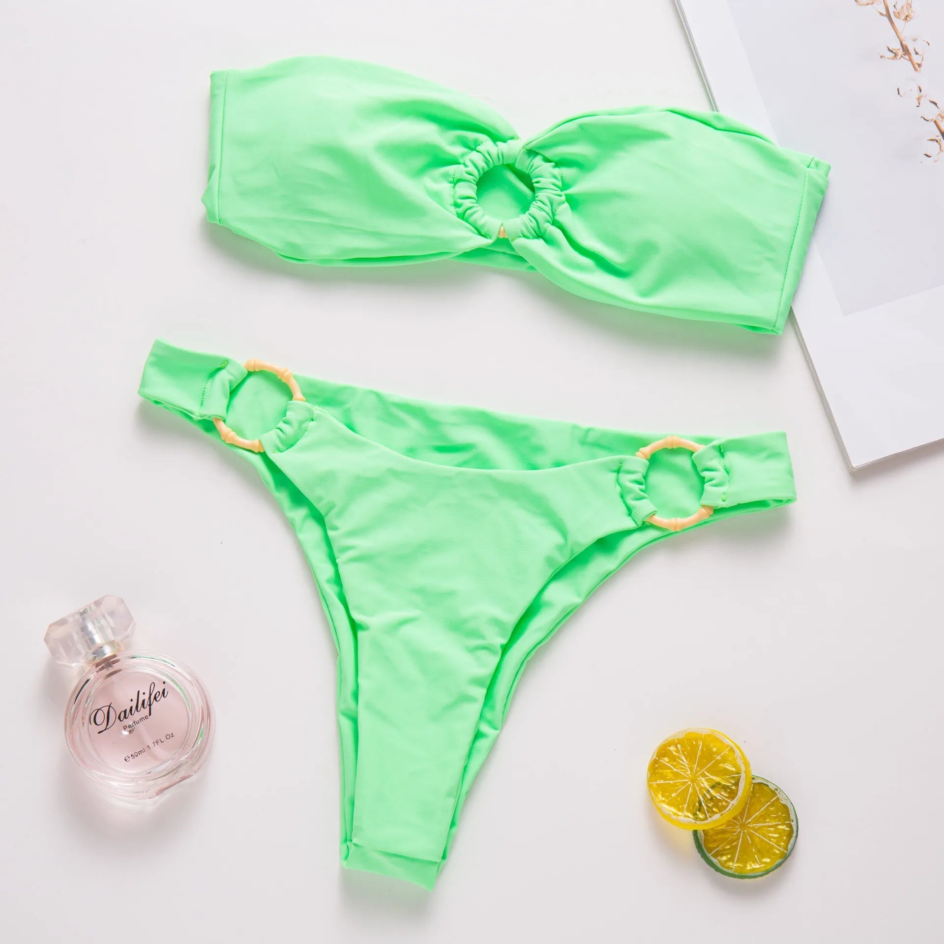 Neon Green Bandeau Bikini with Ring Detail - Lauraxelle - Neon Green Bandeau Bikini with Ring Detail - My Store - ENCHANTED ORCHID