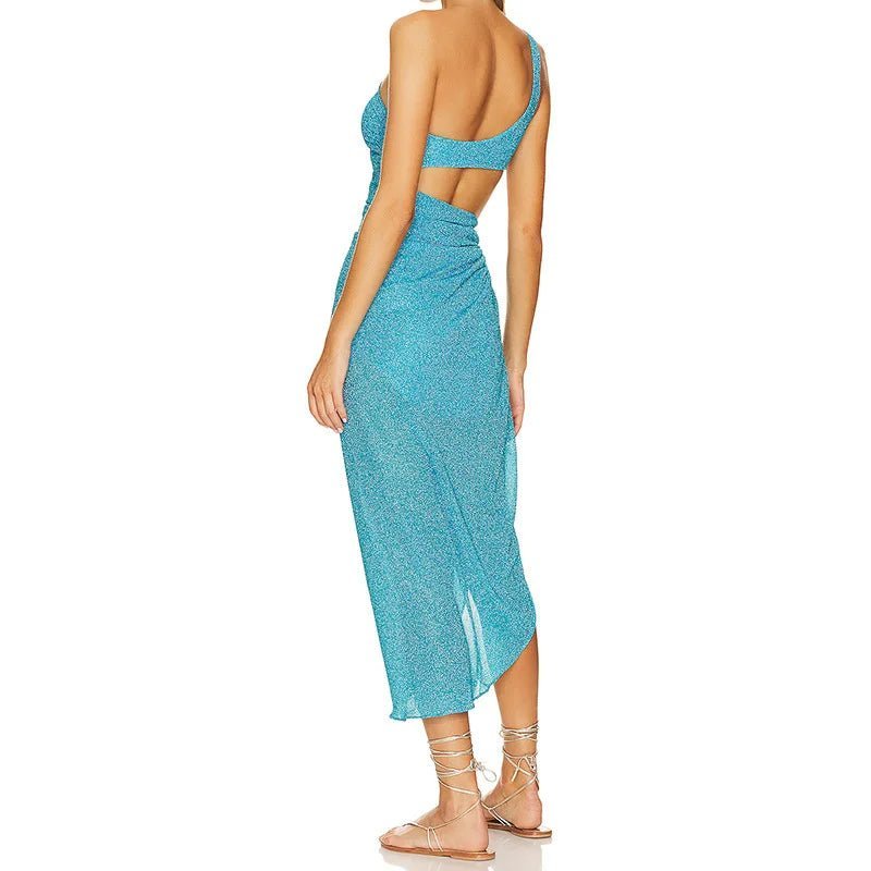 One - Shoulder Blue Beach Cover - Up with High Slit - Lauraxelle - One - Shoulder Blue Beach Cover - Up with High Slit - My Store - GOLDEN SERAPH