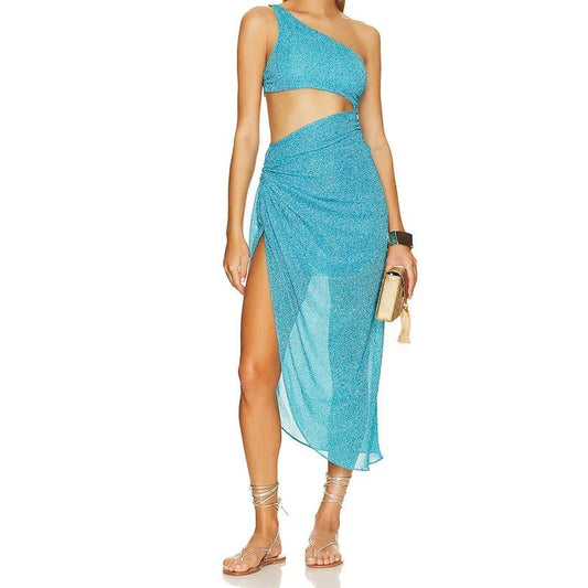 One - Shoulder Blue Beach Cover - Up with High Slit - Lauraxelle - One - Shoulder Blue Beach Cover - Up with High Slit - My Store - GOLDEN SERAPH