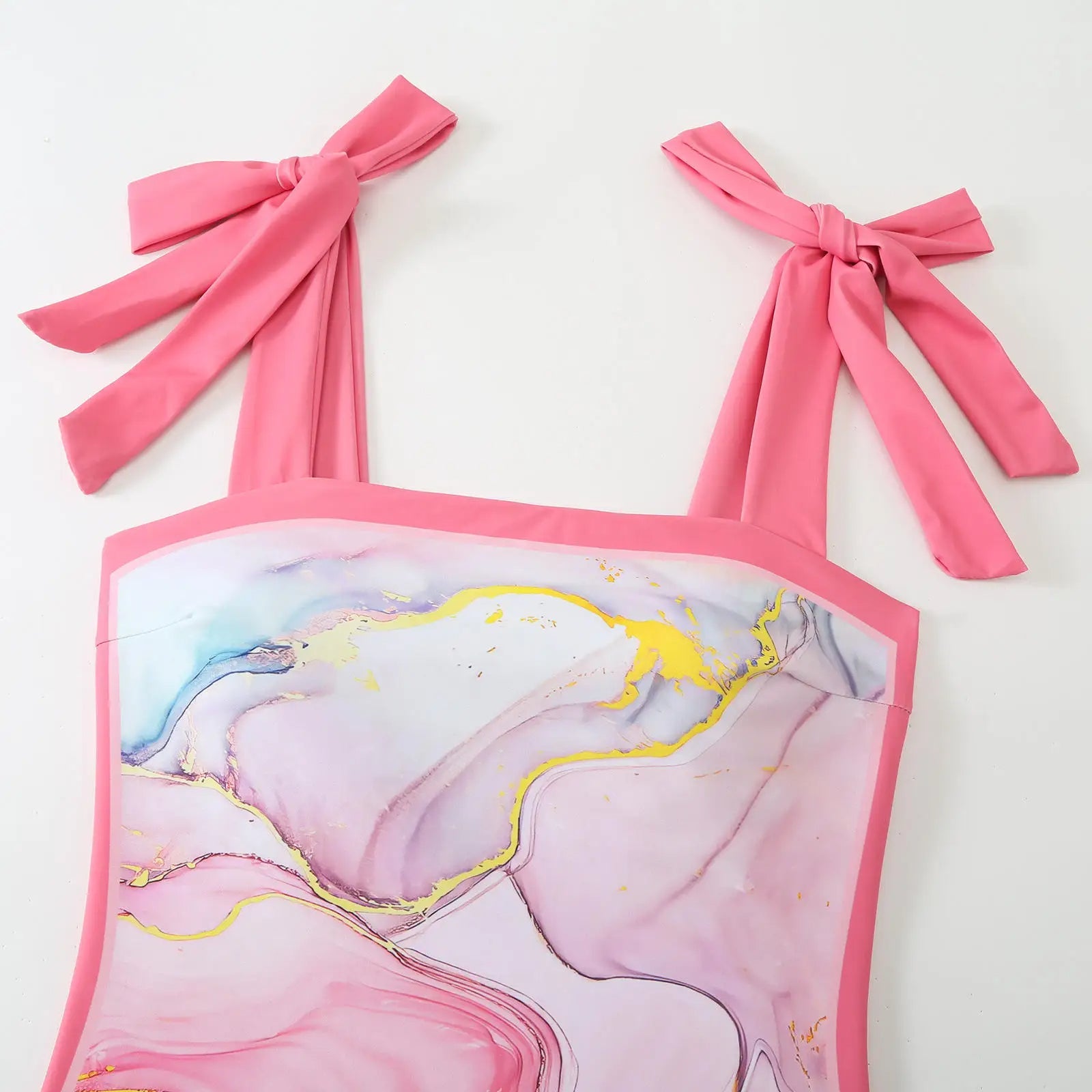 Pink Marble Print One - Piece Swimsuit with Bow - Tie Straps & Matching Sarong - Lauraxelle - Pink Marble Print One - Piece Swimsuit with Bow - Tie Straps & Matching Sarong - DIVINE ALLURE