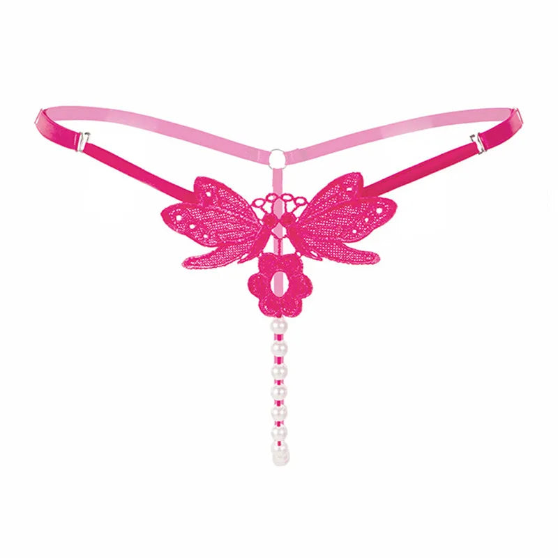 Butterfly lace thong with pearl details