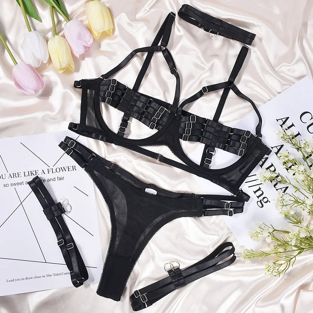 Sensual Sheer Mesh Strappy Lingerie Set with Matching Choker and Thigh Straps - Lauraxelle - Sensual Sheer Mesh Strappy Lingerie Set with Matching Choker and Thigh Straps - My Store - MIDNIGHT SPELL