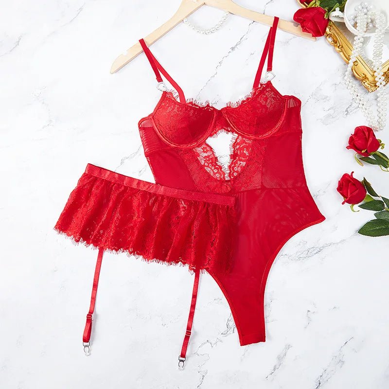Sensual tulle bodysuit with lace trim and adjustable straps - Lauraxelle - Sensual tulle bodysuit with lace trim and adjustable straps - OPAL GLOW