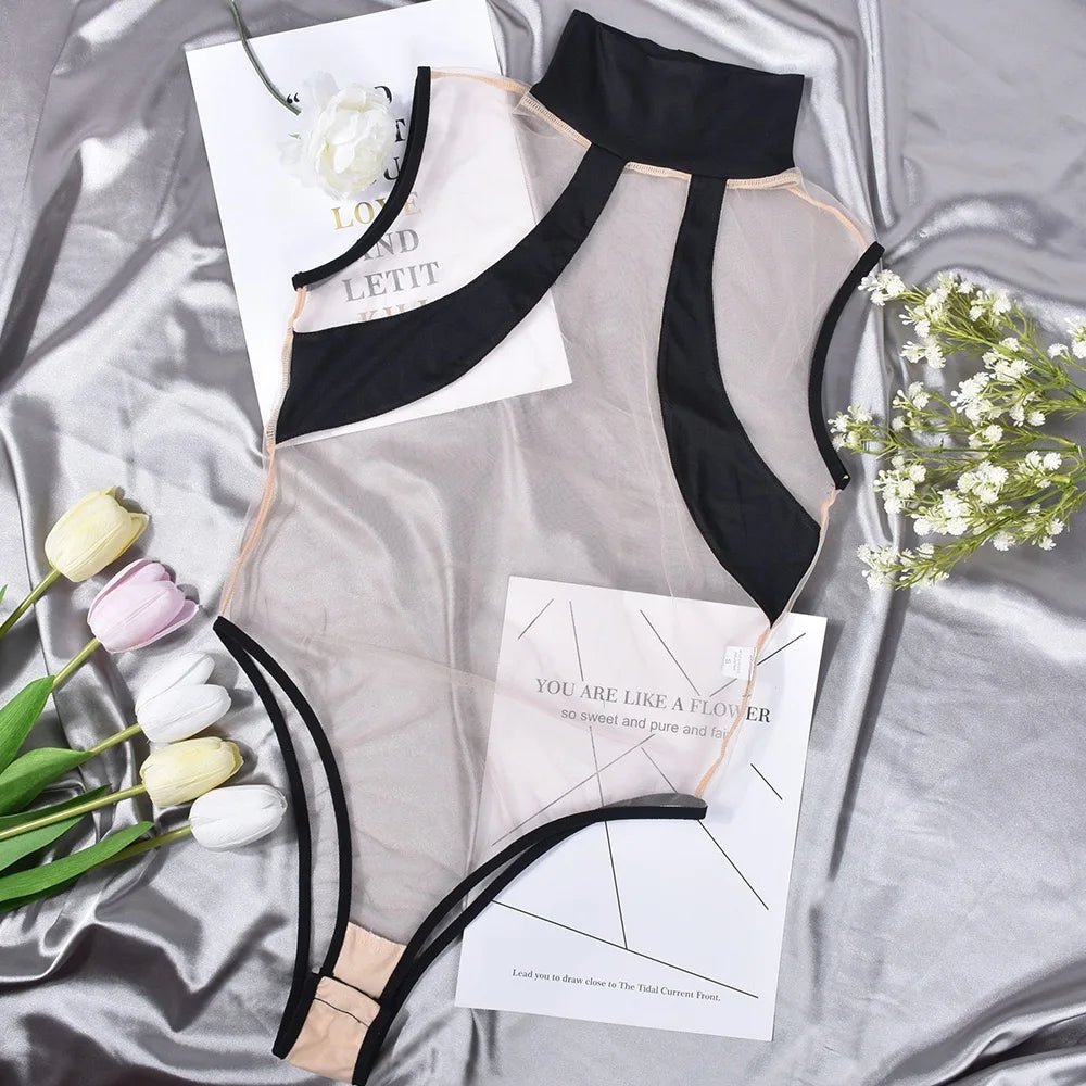 Sheer high neck bodysuit with black details and bold cutouts - Lauraxelle - Sheer high neck bodysuit with black details and bold cutouts - AURA