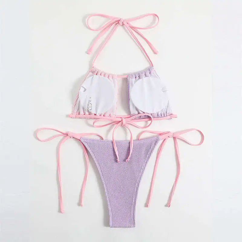 Two Tone Pastel Bikini with Adjustable Ties and Textured Fabric - Lauraxelle - Two Tone Pastel Bikini with Adjustable Ties and Textured Fabric - SAVANA