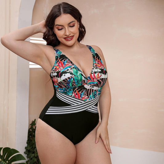 V - Neck One - Piece Swimsuit with Vibrant Prints - Lauraxelle - V - Neck One - Piece Swimsuit with Vibrant Prints - SOUPLE