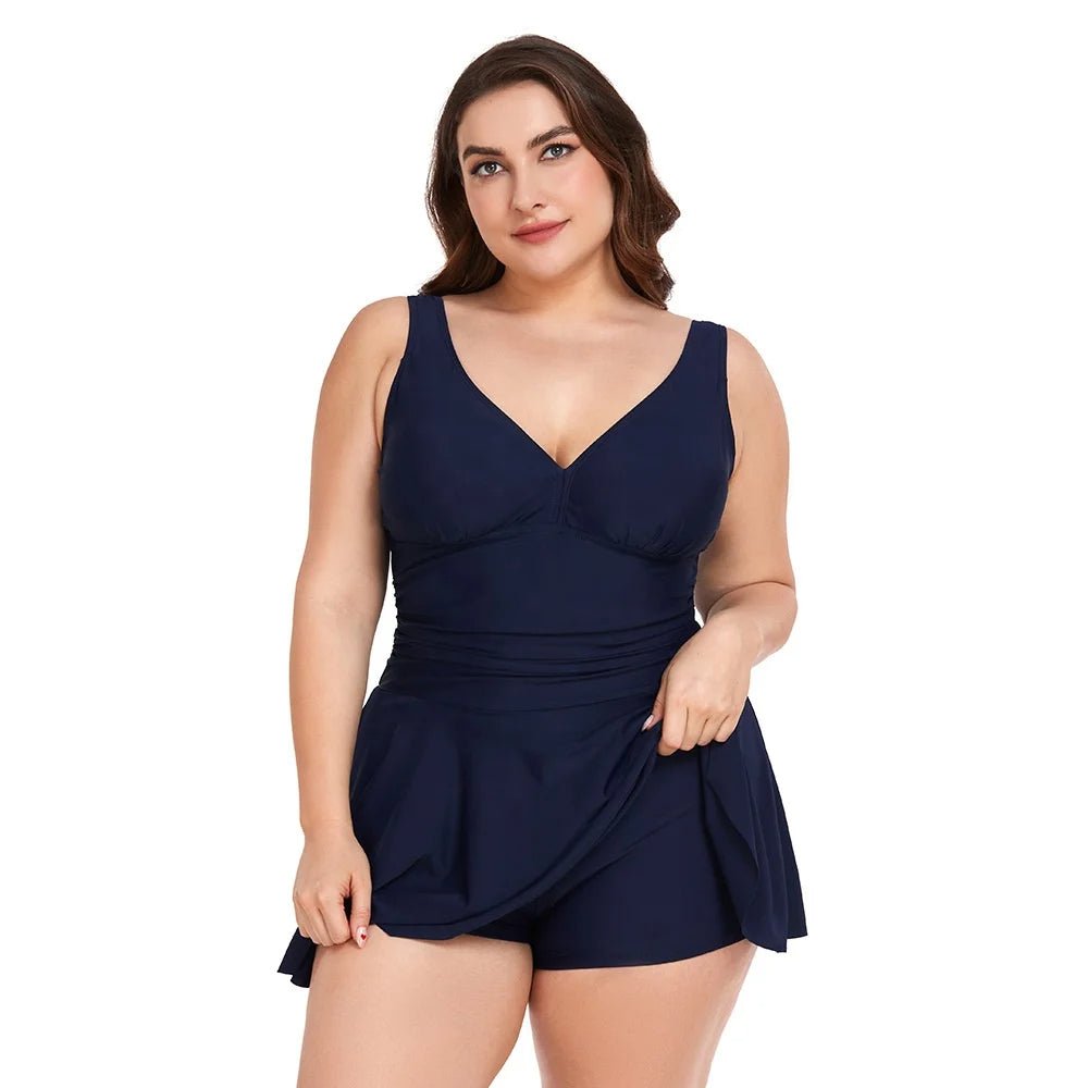 V - Neckline Swimdress, Flowing Skirt with Built - in Shorts - Lauraxelle - V - Neckline Swimdress, Flowing Skirt with Built - in Shorts - My Store - SUMMER CHIC