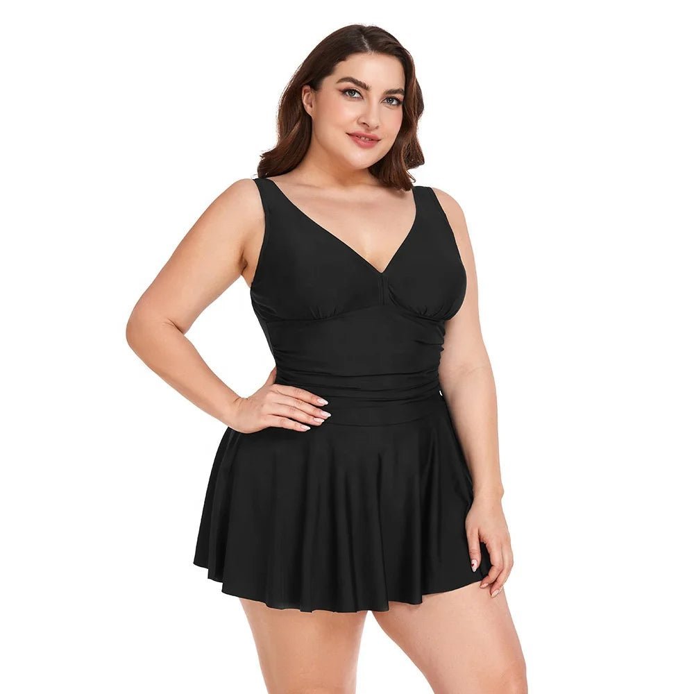 V - Neckline Swimdress, Flowing Skirt with Built - in Shorts - Lauraxelle - V - Neckline Swimdress, Flowing Skirt with Built - in Shorts - My Store - SUMMER CHIC