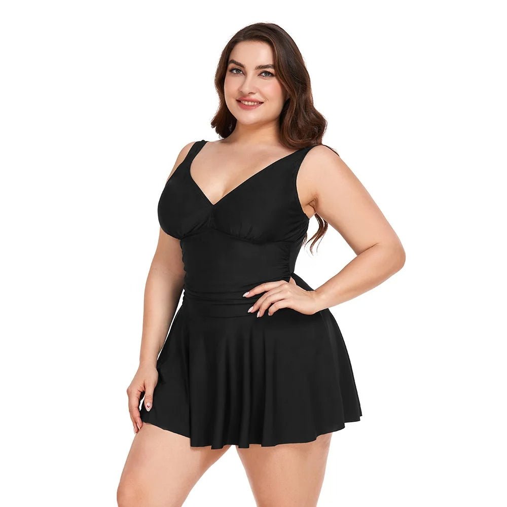 V - Neckline Swimdress, Flowing Skirt with Built - in Shorts - Lauraxelle - V - Neckline Swimdress, Flowing Skirt with Built - in Shorts - My Store - SUMMER CHIC