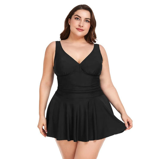 V - Neckline Swimdress, Flowing Skirt with Built - in Shorts - Lauraxelle - V - Neckline Swimdress, Flowing Skirt with Built - in Shorts - My Store - SUMMER CHIC